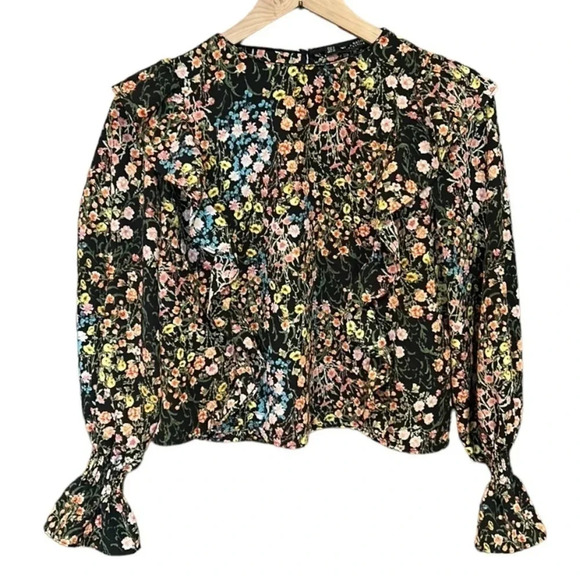 ZARA Floral Black Long Sleeve Ruffle Blouse Small - Picture 5 of 10